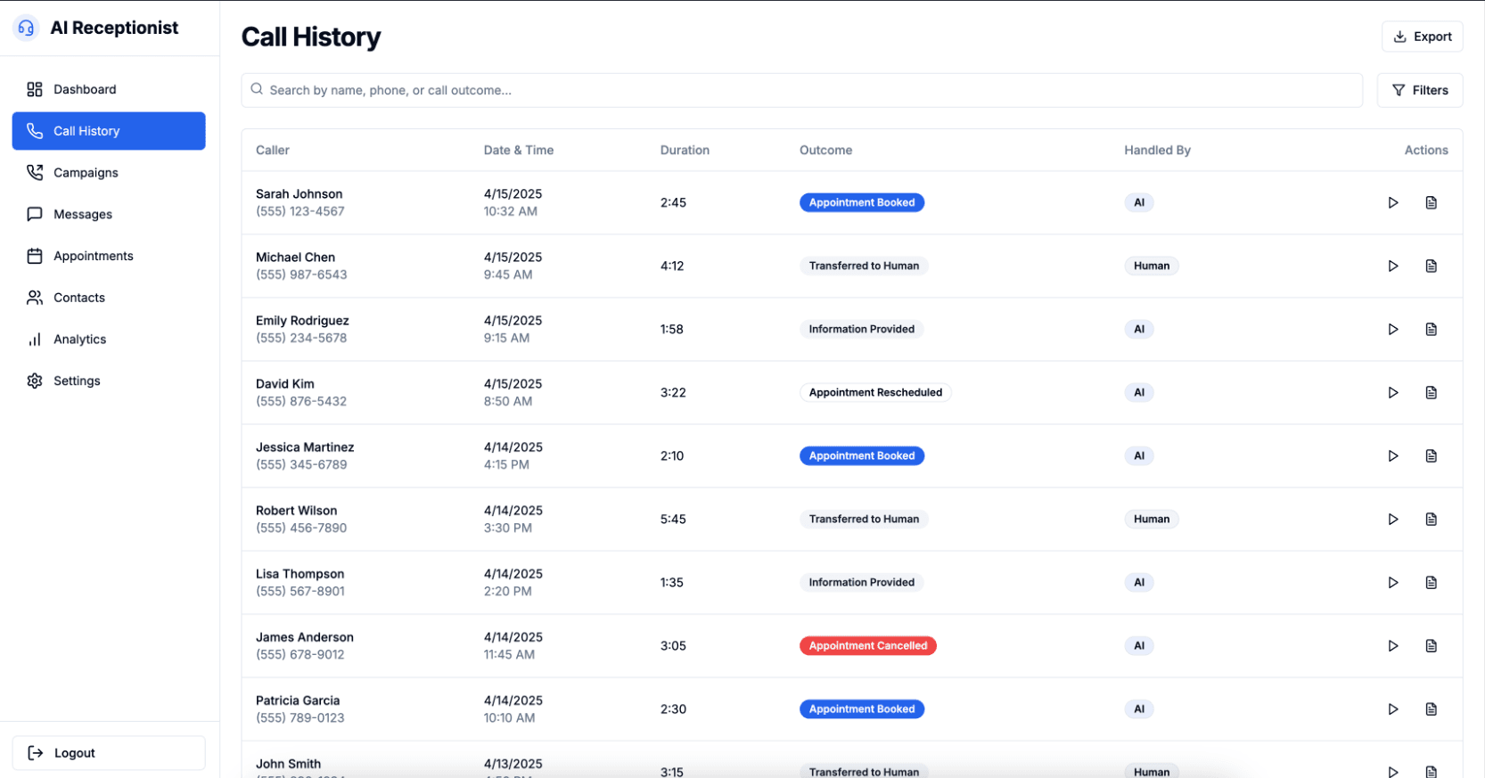 Call History Management Interface